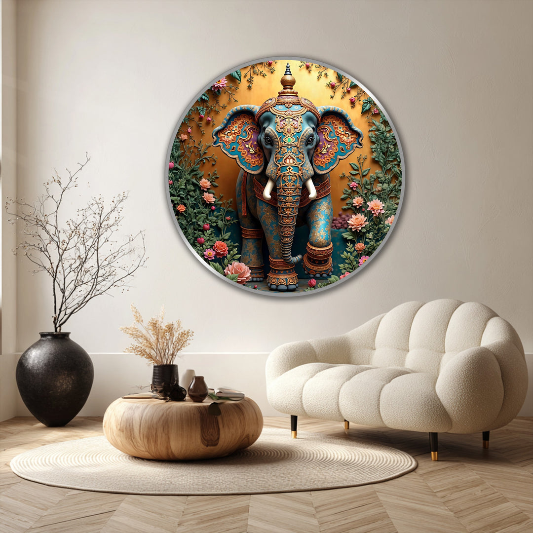 The exquisitely adorned Ganesha in this round sacred garden oil painting home decor captures the focal point with golden tones and vibrant floral details.