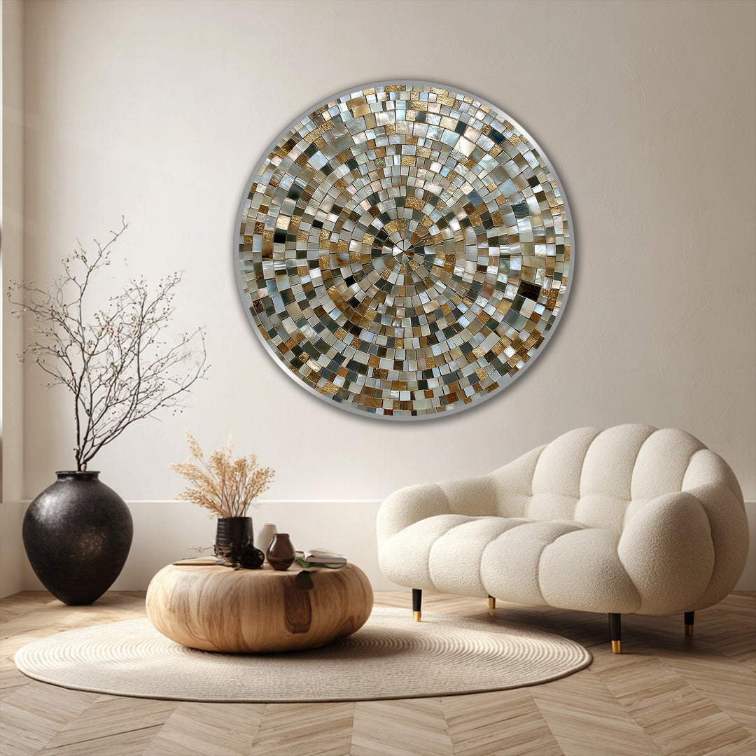 Depth is enhanced by the swirling mosaic pattern of the Golden Spiral Harmony, a round oil painting home decor masterpiece, giving the illusion of layered, textural movement.