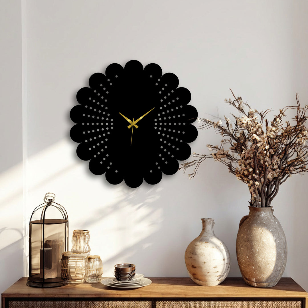 Highlighting the layering effect, this scalloped metal wall clock presents a captivating home decor design with its intricate dot pattern and elegant gold hands.