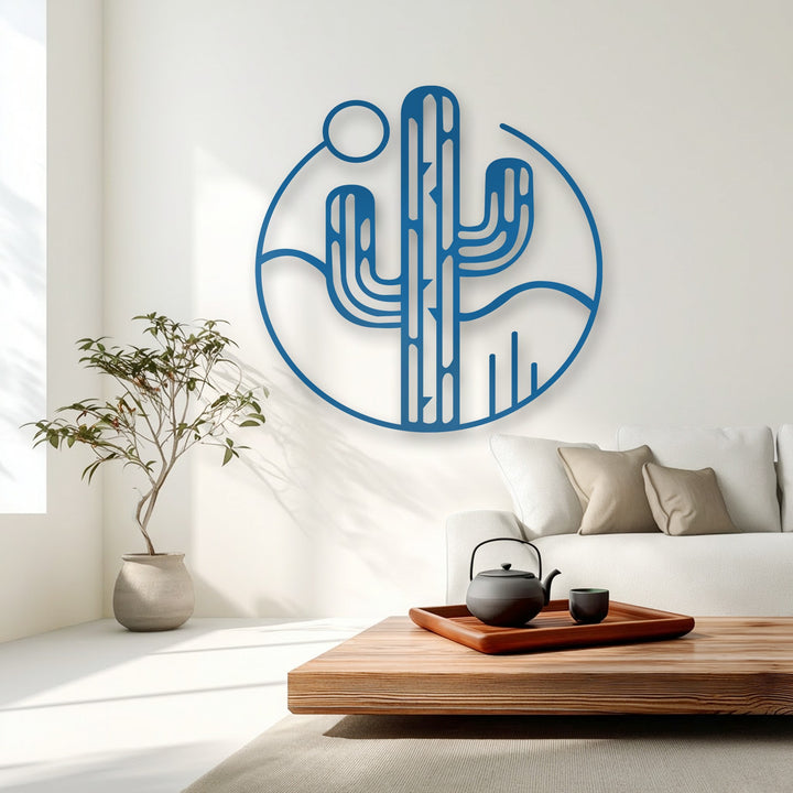 The visual rhythm of the blue metal desert cactus decoration wall art beautifully harmonizes with the soft shadows and minimalist room elements.
