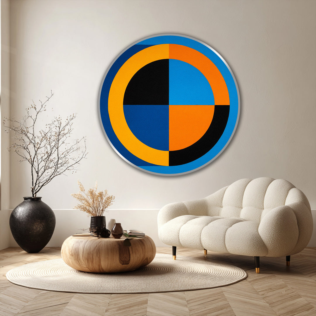 Bold Geometry in Blue and Orange – Modern Abstract Round Oil Painting