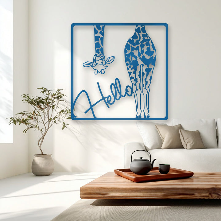 With a bright, balanced color temperature, this metal wall decor features a vibrant blue Hello Giraffe design in a minimalist living space.