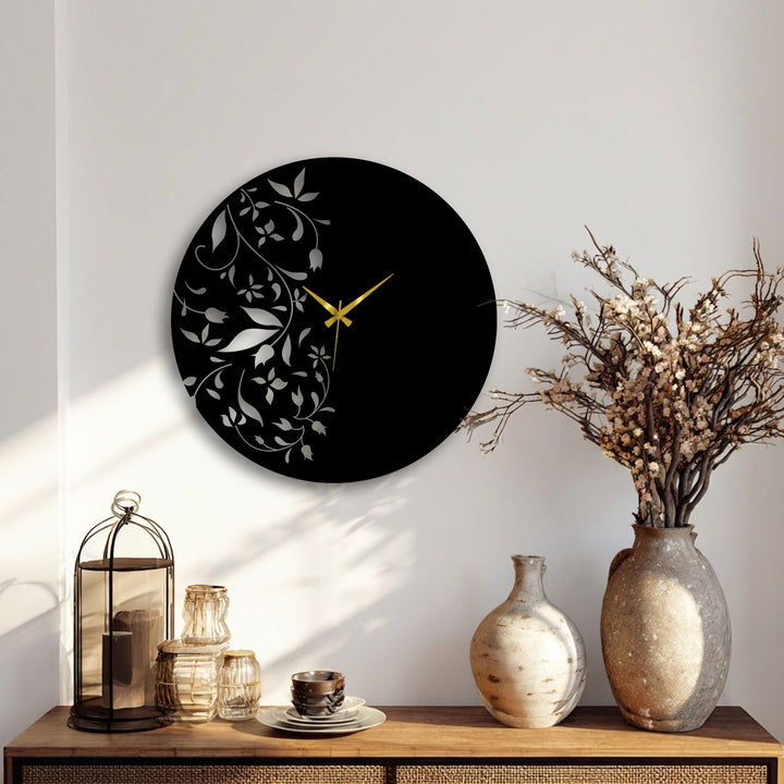 Subtle shadows highlight the softest floral details on this Floral Elegance metal wall clock, a captivating piece of metal artwork blending minimalist leaf design with a sleek, modern aesthetic.