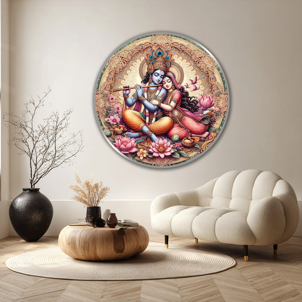 Striking color contrast defines this oil painting artwork of Radha Krishna's divine love, where azure skin and bright orange clothing stand out amid delicate pink lotuses.