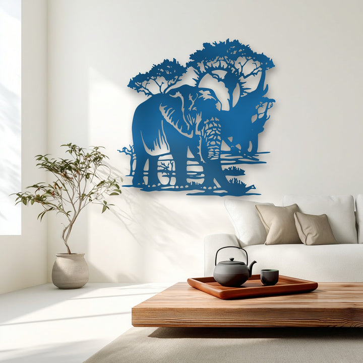 Precisely cut edges of the deep blue metal artwork define the majestic elephant and safari landscape silhouette against the white wall.