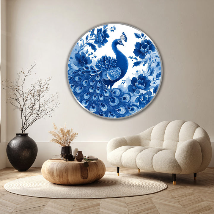 As the focal point, the indigo peacock in this round oil painting art prints is surrounded by beautifully detailed blue blossoms, creating a captivating Chinoiserie-inspired wall art.