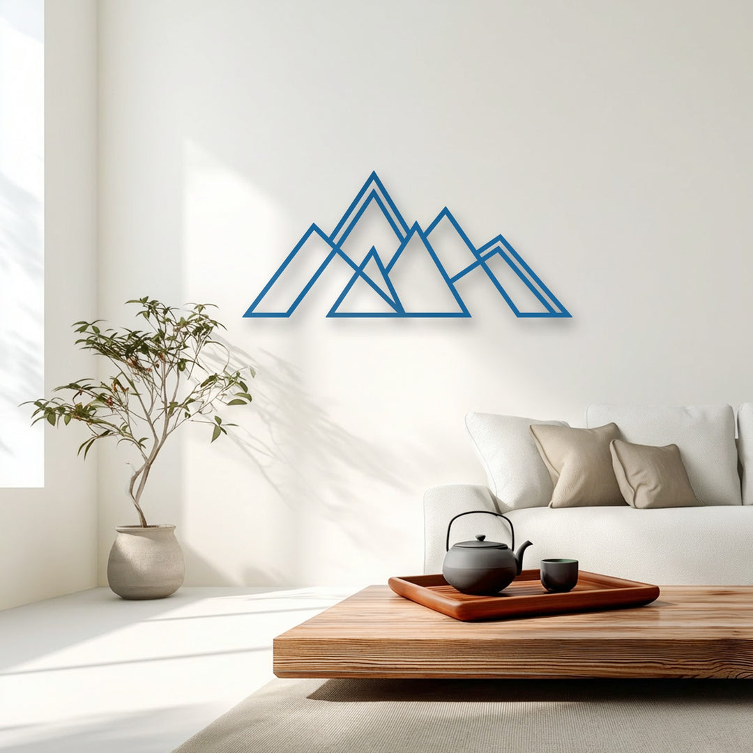The geometric mountain metal wall art creates impressive depth and layers through its sleek blue lines, forming overlapping peaks, ideal decoration wall art.