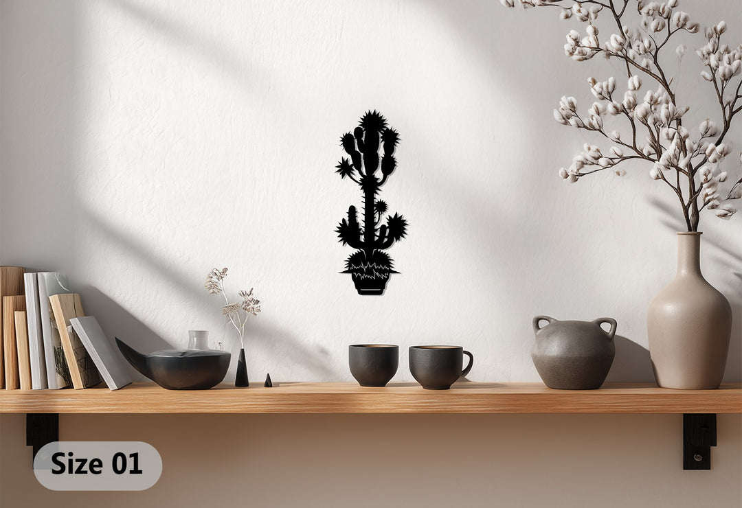Highlighting the realistic detail, the spiky desert cactus metal art for wall presents a modern botanical home decor piece with fine lines and shadows against a textured background.