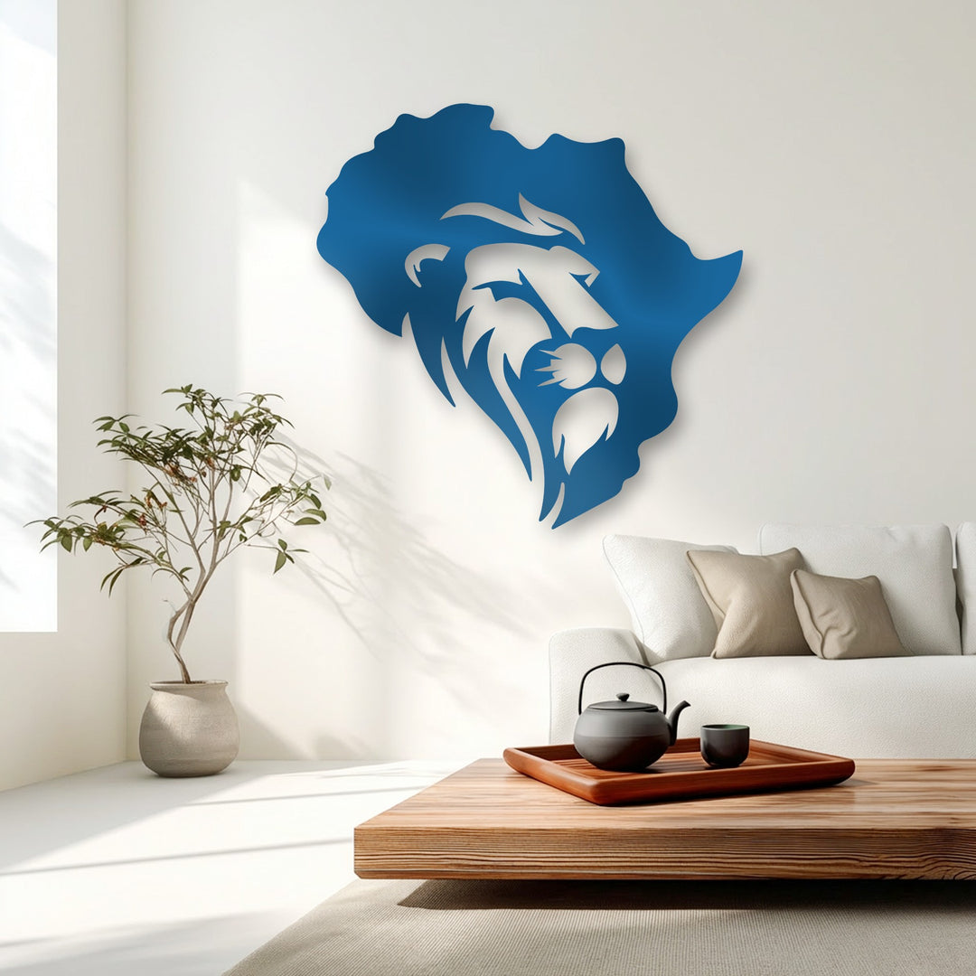 The distinct shape of a blue Africa map, featuring a stylized lion's head, serves as a bold metal art for wall.