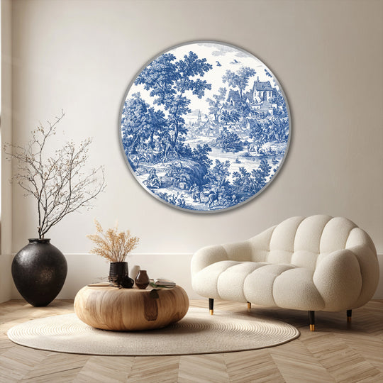 The stillness of the classic round toile oil painting art prints captures a hushed countryside scene, evoking a tranquil antique tableau.