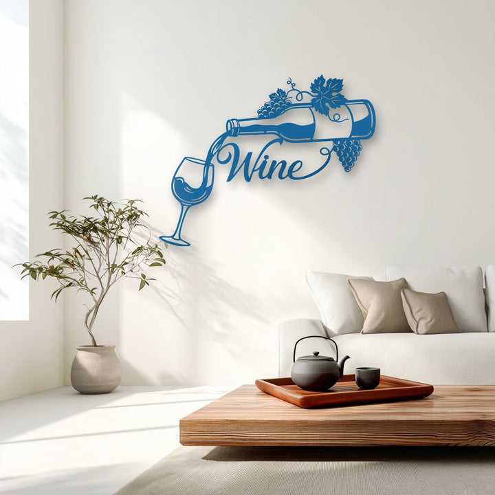 Capturing stillness, an elegant blue metal wall decor of wine pouring into a glass brings serene sophistication to the quiet room.
