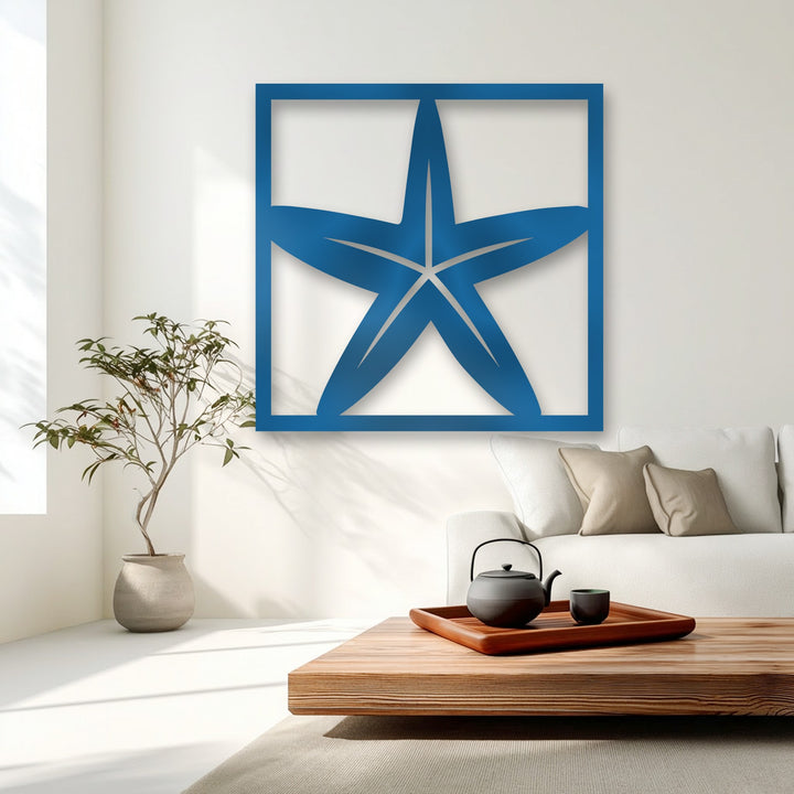 Capturing the stillness, a striking deep blue starfish frame metal decoration wall art brings a serene coastal vibe to the calm interior.