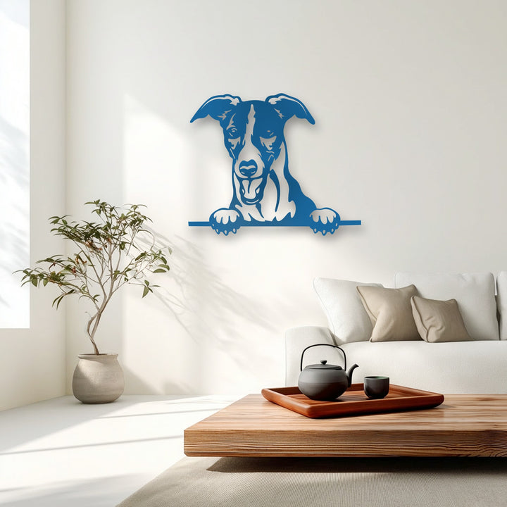 A playful and cheerful mood is conveyed by the curious blue dog silhouette metal artwork, perfectly complementing the cozy living space.