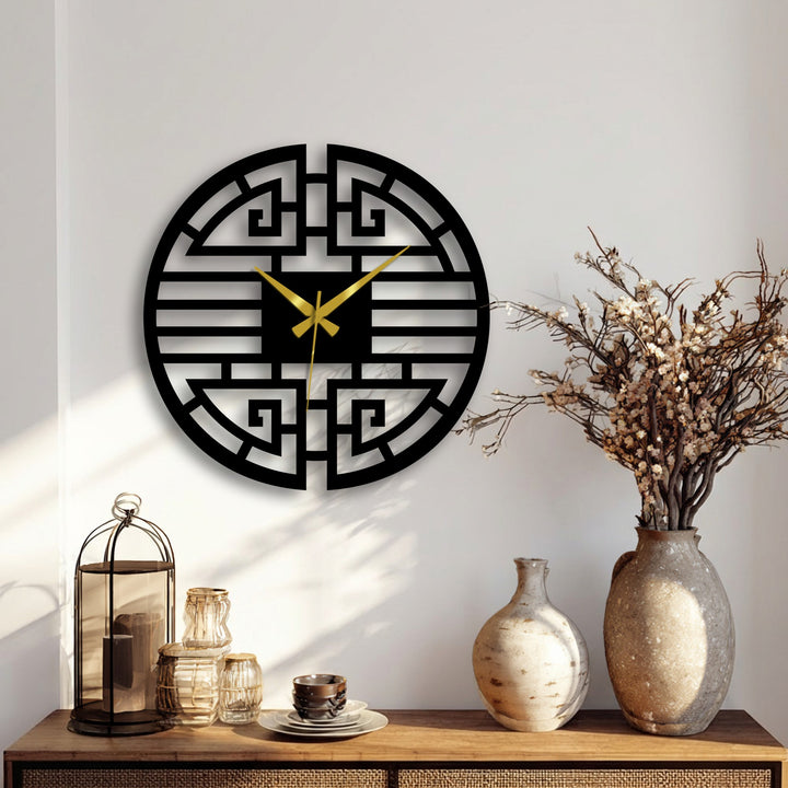 Showcasing the geometric elements, this Asian-inspired metal wall clock features an intricate pattern, making it a striking piece of decoration wall art for any modern space.