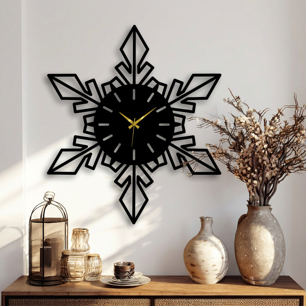 The stillness of the snowflake geometric metal artwork wall clock captures a serene modern design, offering a tranquil decorative touch to the room.