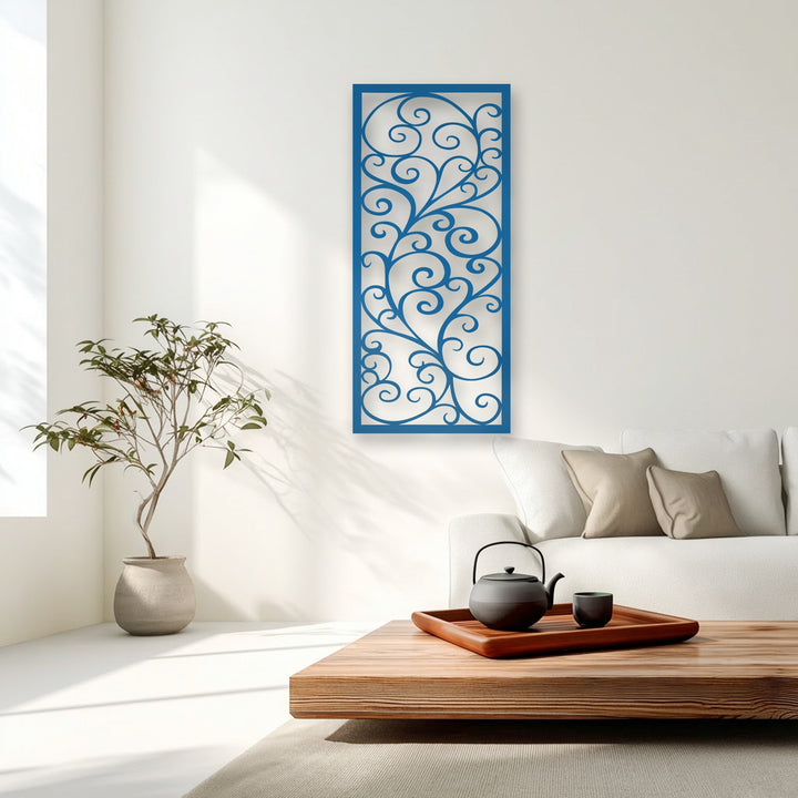 The vibrant blue decorative metal art panel features an elegant scroll pattern within its precisely defined borders, adding a sophisticated touch to the room.