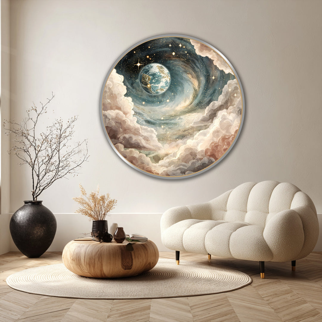 Finished with exquisite detail, the celestial spiral dream oil painting decoration captures a cosmic Earth scene with swirling galaxies and golden stars.