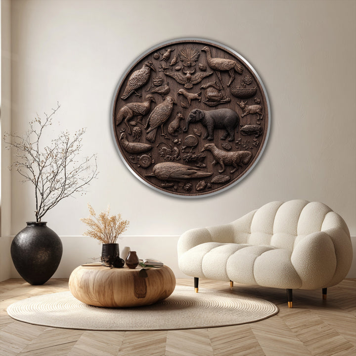Warm color temperature highlights the detailed wildlife relief round oil painting, emphasizing the rustic wood tones in this unique wall art piece with oil painting art prints.