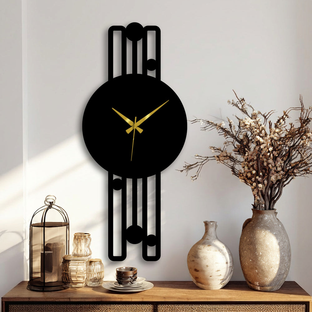 Highlighting the soft illumination on the dial, this decoration wall art features a minimalist vertical metal wall clock with a geometric frame and elegant golden hands.