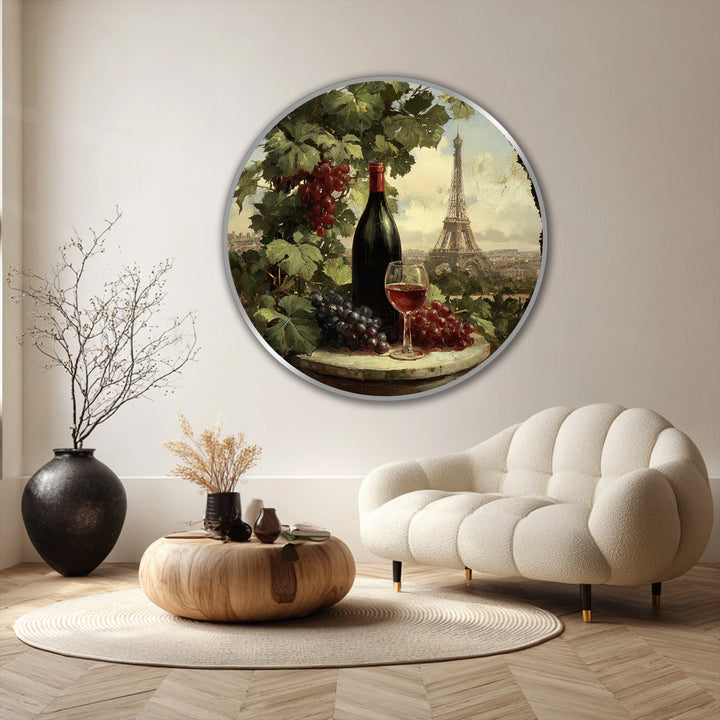 Soft brushstrokes create a gentle texture for this vineyard still life round oil painting, offering a timeless oil painting decoration showing wine and the Eiffel Tower.
