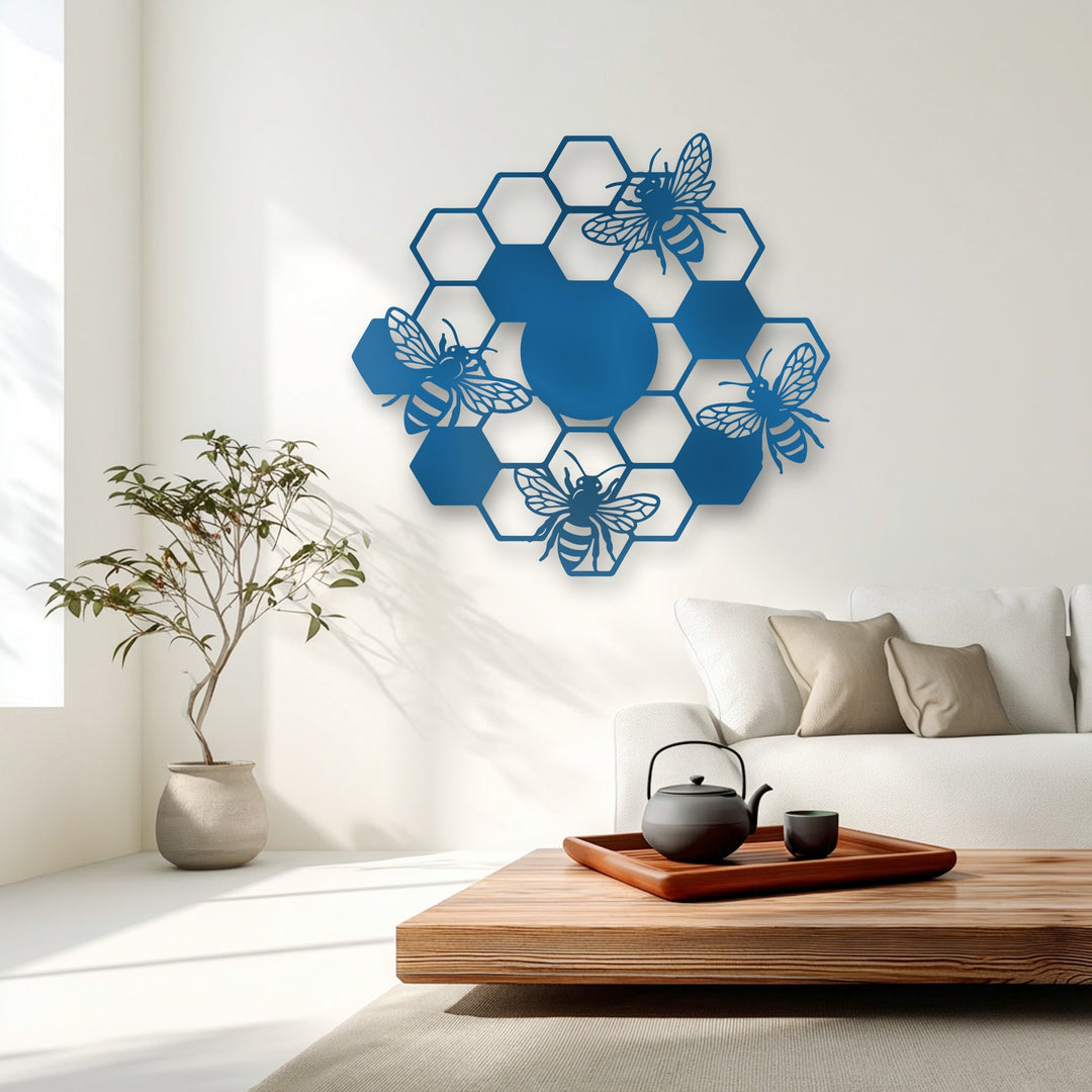 The intricate edges and geometric borders of the sapphire blue honeycomb bees metal artwork create a nature-inspired design.