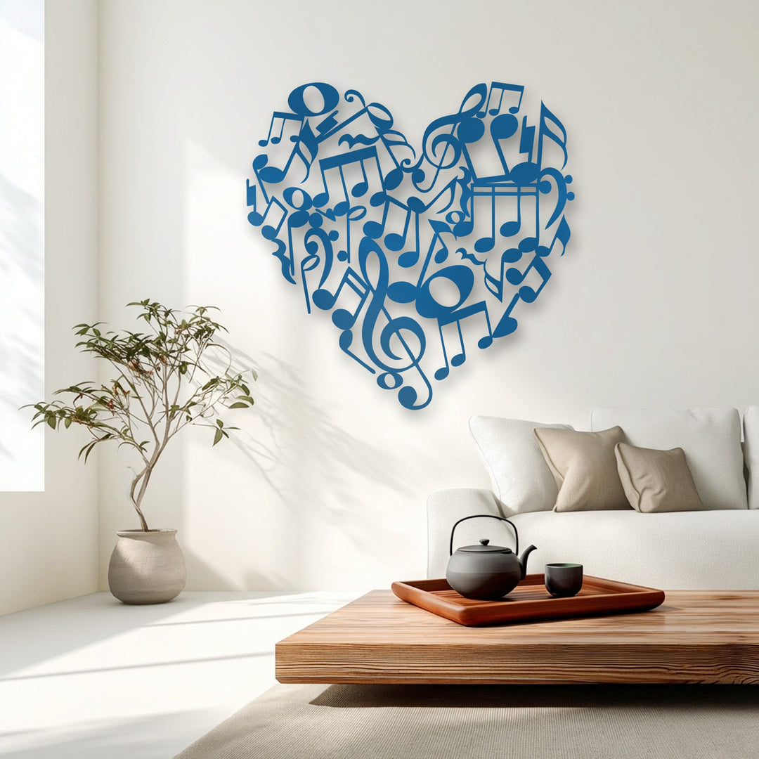 The vibrant cobalt metal art for wall of heart-shaped music notes conveys a harmonious dance of rhythmic artistic melody.