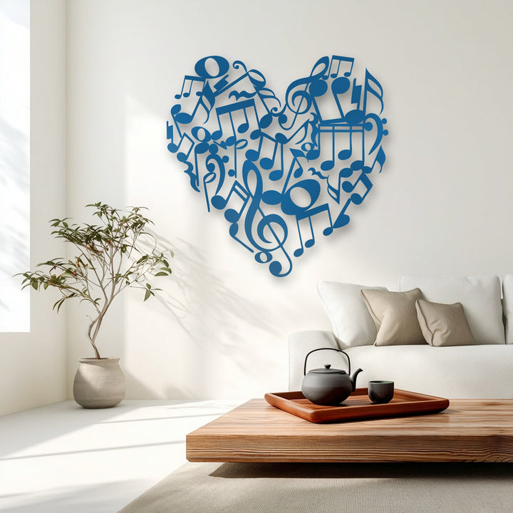 The vibrant cobalt metal art for wall of heart-shaped music notes conveys a harmonious dance of rhythmic artistic melody.