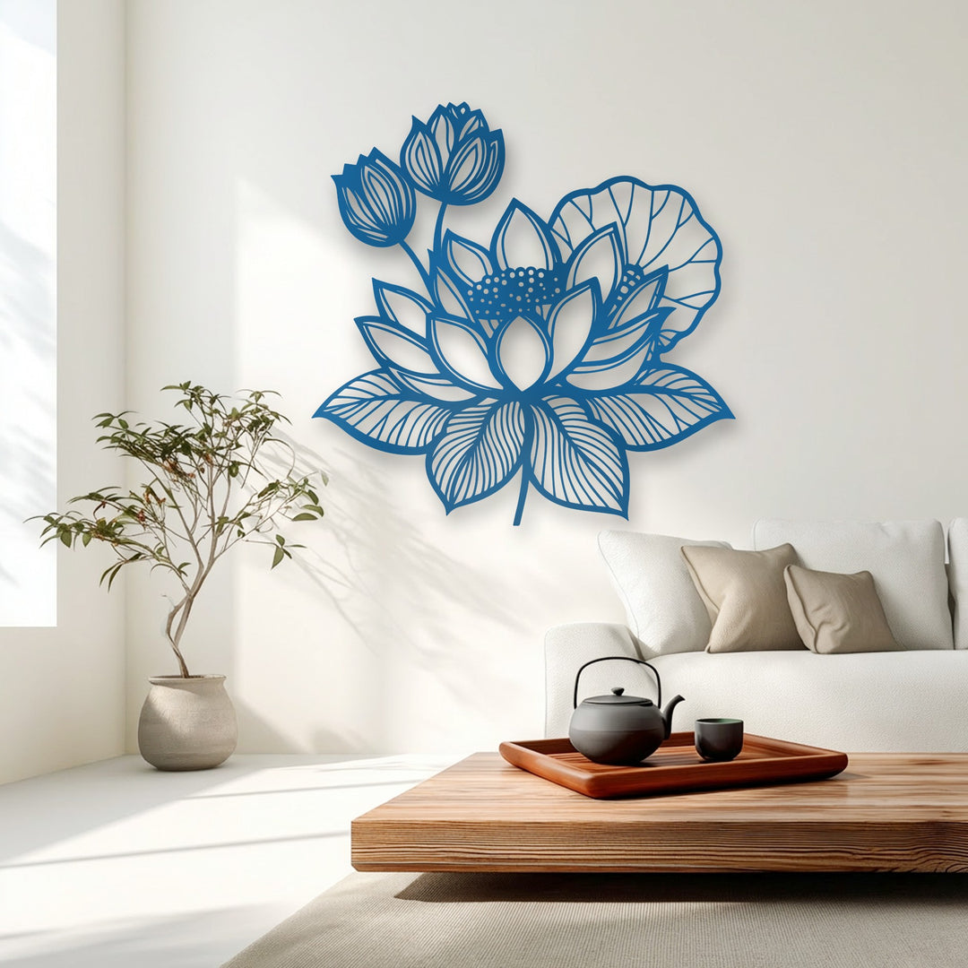 Distinct, clean-cut edges and elegant borders define this blue lotus floral metal wall art, creating intricate and sophisticated decoration wall art.