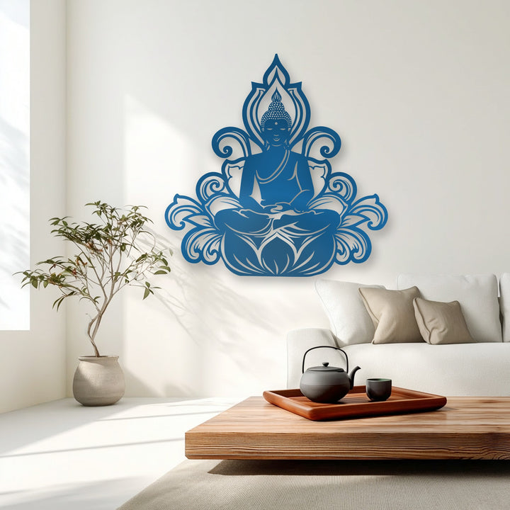 An intricate, layered Serene Buddha Lotus Silhouette metal wall decor casts a subtle shadow, creating impressive visual depth.