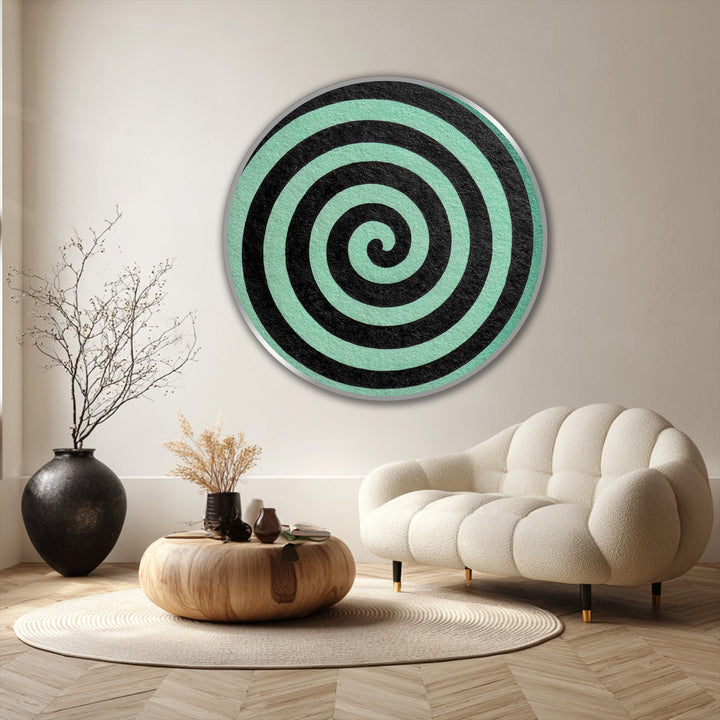 Matte finish highlights the minimalist black spiral in this modern abstract round oil painting, a striking piece of oil painting home decor.