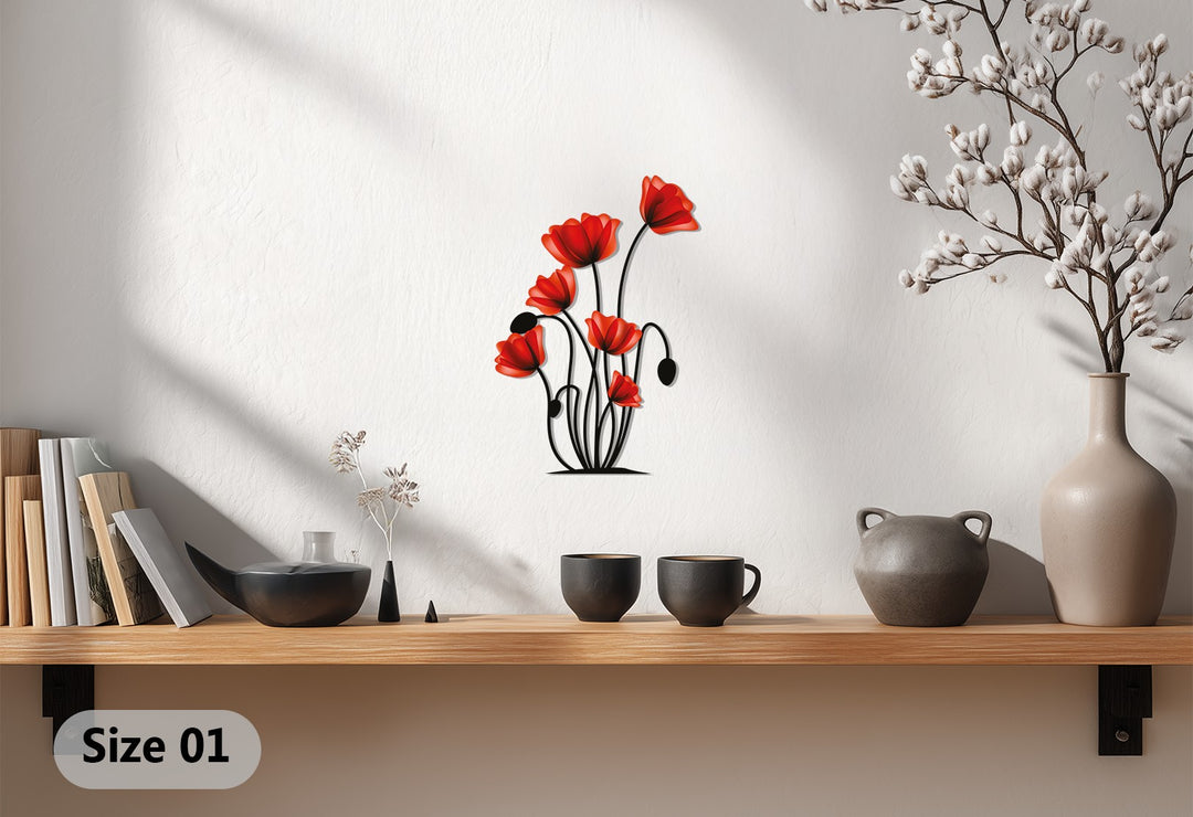 Featuring the red poppy flower, this metal decoration wall art offers a modern, botanical style, bringing a vibrant touch to wall decor.
