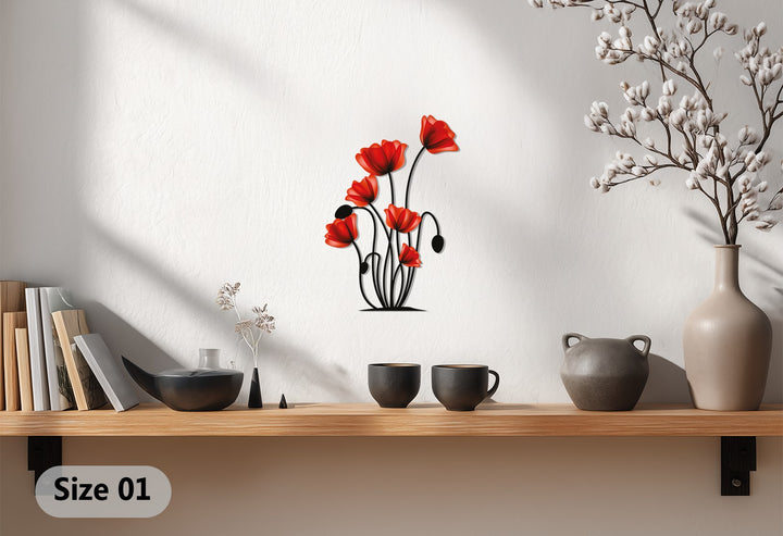 Featuring the red poppy flower, this metal decoration wall art offers a modern, botanical style, bringing a vibrant touch to wall decor.