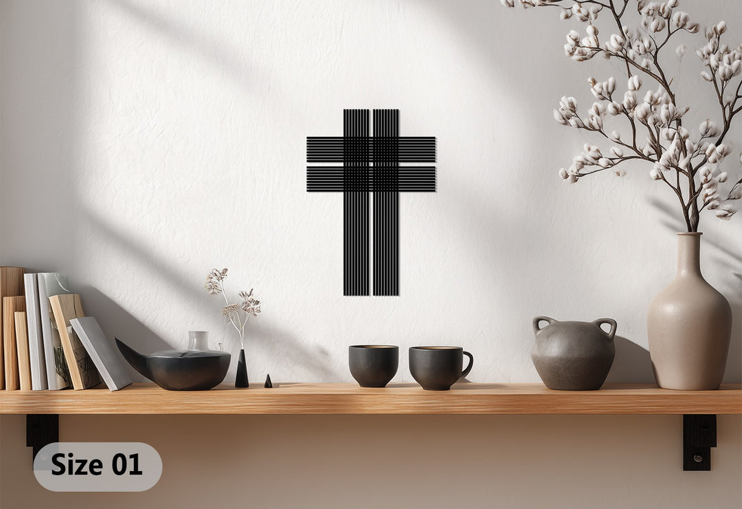 التوازن السماوي – صليب فضي خطي فن جداري معدني