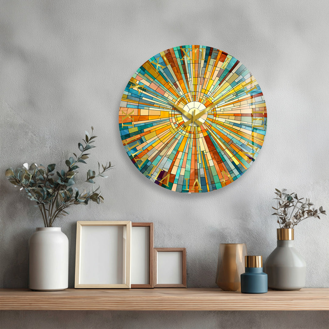 Geometrische Sunburst-Glaswanduhr – Bunte Mosaikkunst