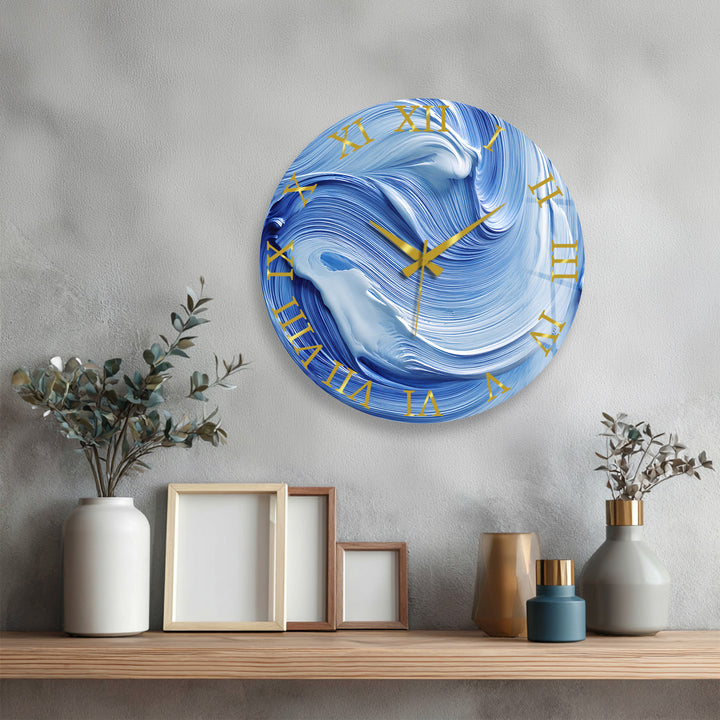 Blue Swirl Glass Wall Clock – Abstract Ölgemälde  Decor