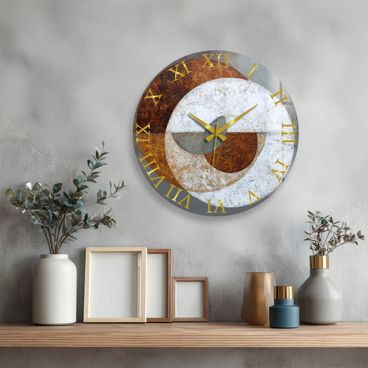 Rust and Gray Glass Wall Clock – Industrial Abstract Circle Art