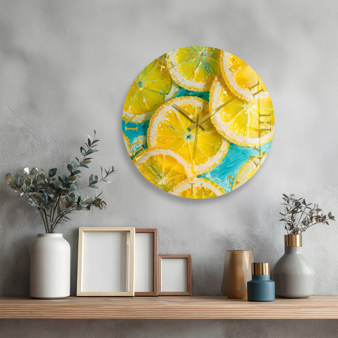 Yellow Lemon Glass Wall Clock – Bright Citrus Kitchen Decor