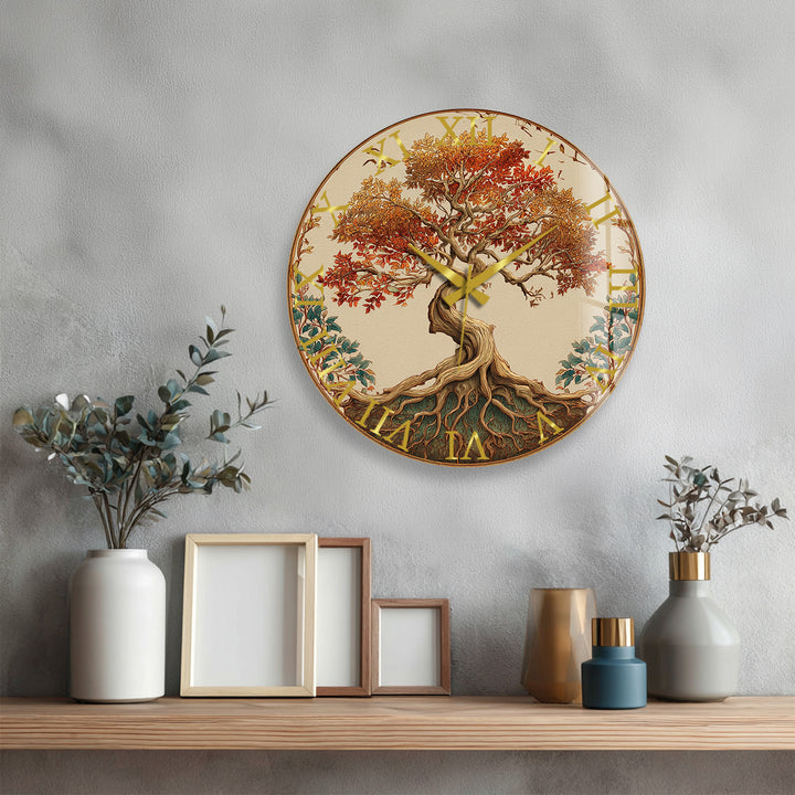 Autumn Tree of Life Glass Wall Clock – Rustic Fall Decor