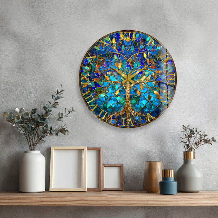 Blue Tree of Life Glass Wall Clock – Gold Stained Glass Style