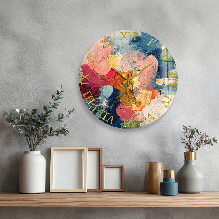 Colorful Abstract Glass Wall Clock – Textured Brushstroke Art
