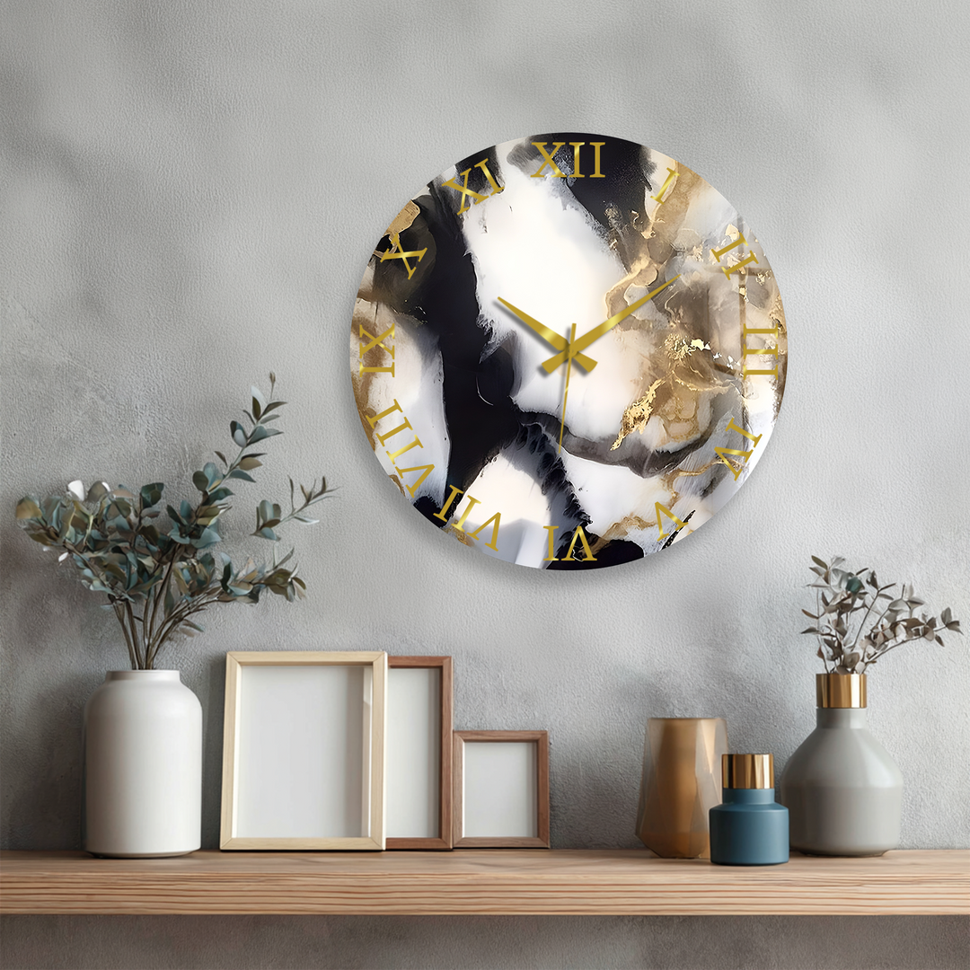 Black and Gold Marble Glass Wall Clock – Abstract Luxury Decor