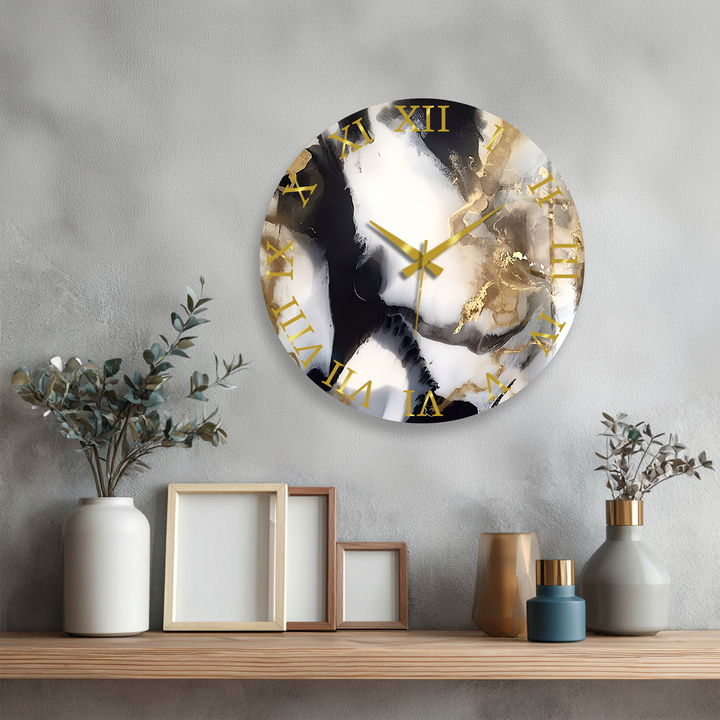 Black and Gold Marble Glass Wall Clock – Abstract Luxury Decor