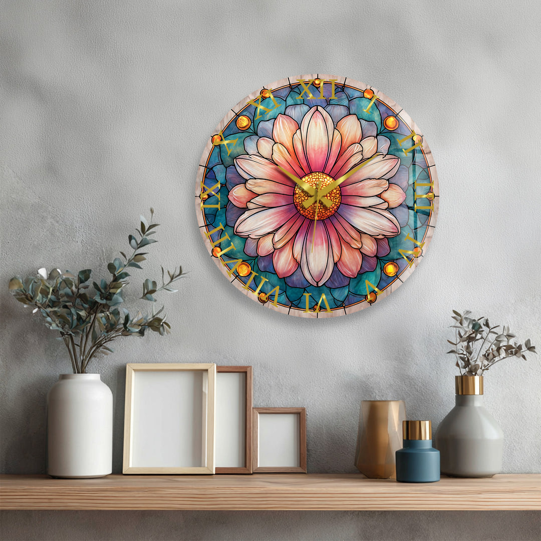 Rosa florale Glas-Wanduhr – Dekor im Buntglas-Stil