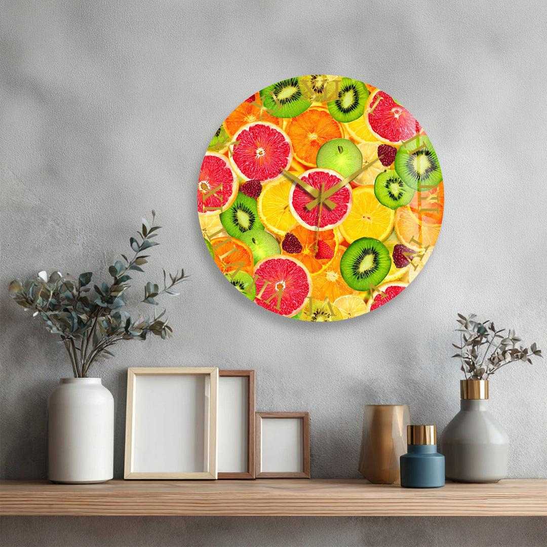 Colorful Fruit Glass Wall Clock – Citrus Kitchen Wall Decor