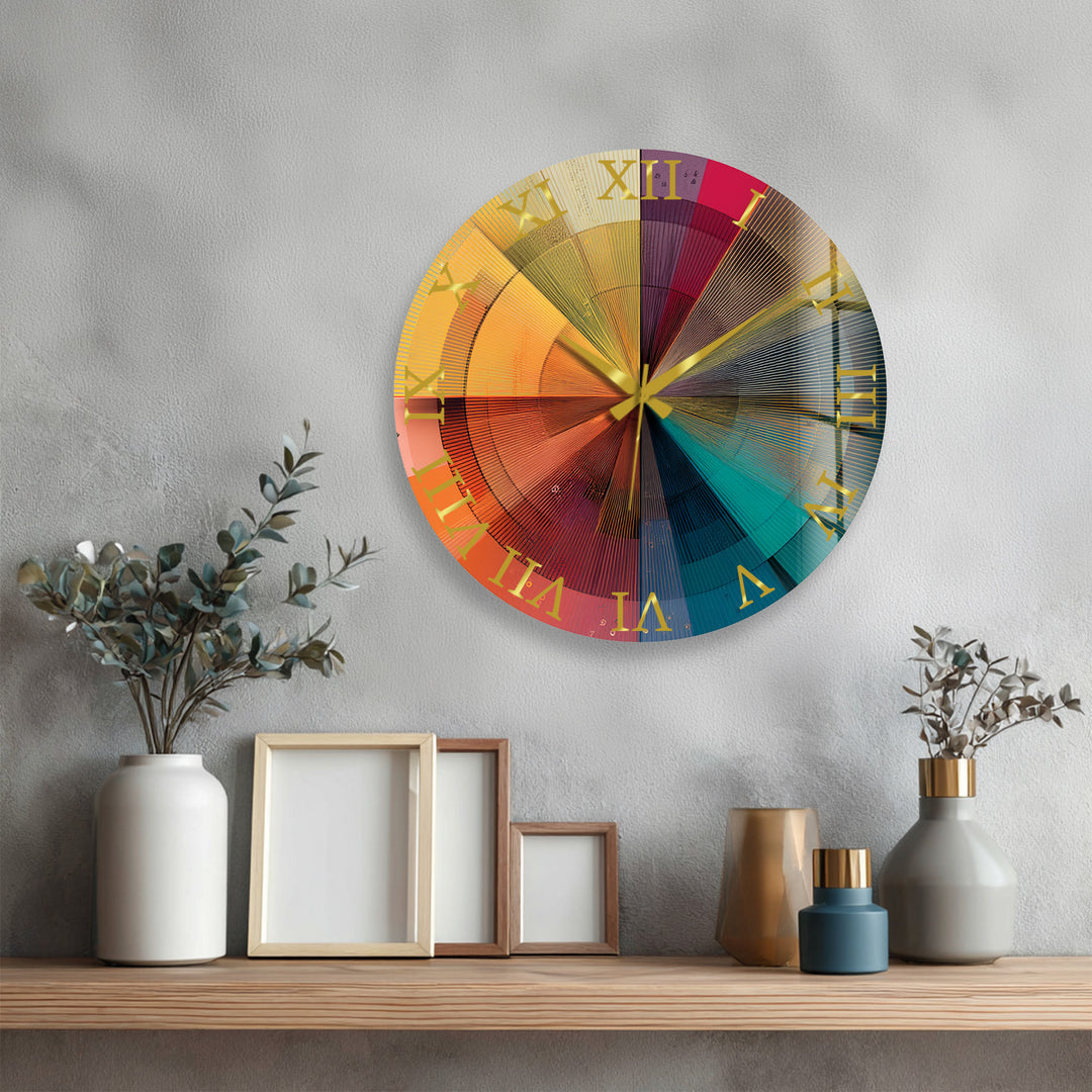 Colorful Geometric Glass Wall Clock – Retro Radial Art