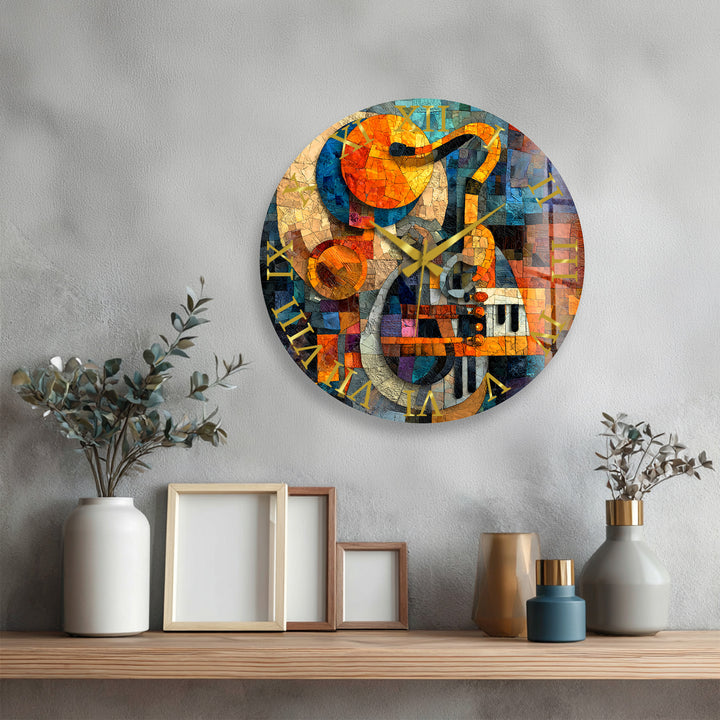 Music Glass Wall Clock – Treble Clef and Piano Mosaic Decor