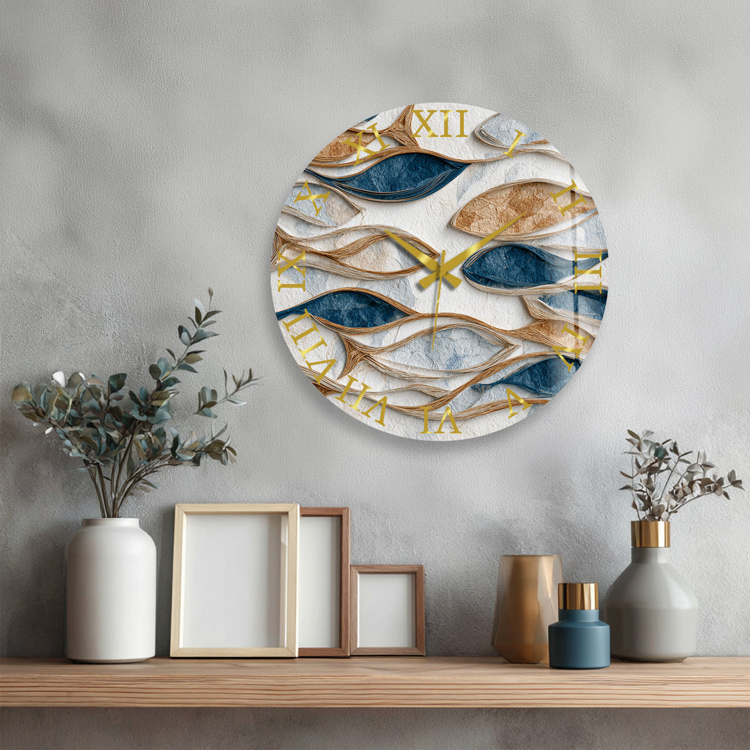 Blue and Beige Glass Wall Clock – Modern Organic Abstract Art