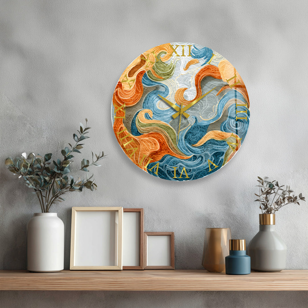 Abstract Ocean Glass Wall Clock – Blue and Orange Wave Art