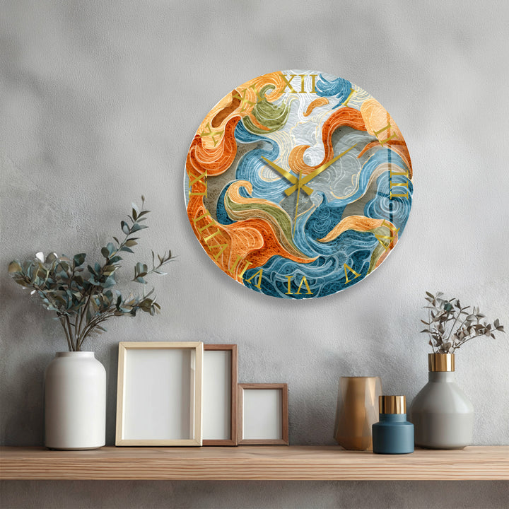 Abstract Ocean Glass Wall Clock – Blue and Orange Wave Art