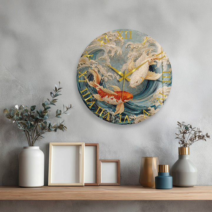 Japanese Koi Fish Glass Wall Clock – Blue Ocean Wave Art